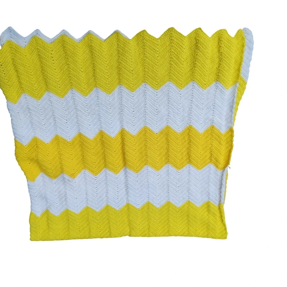 Handmade VTG Crochet Blanket Yellow Chevron Afghan Throw Knit 68x36